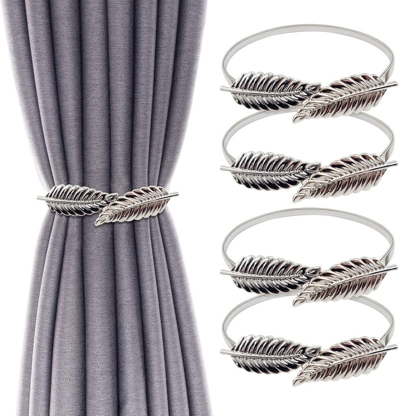 LLPMutu 4Pack Curtain Tiebacks Aluminum Alloy Spring Design Curtain Holdback Leaf Carving Design Curtain Ties for Drapes Curtain Ties Backs Curtain Modern Style Curtain Holdback Decor (Silver Leaf 2) - Image 1